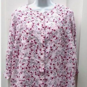 Charter Club Women's 100% Linen Shirt Size M Floral Pink Elbow Sleeve Button-Up